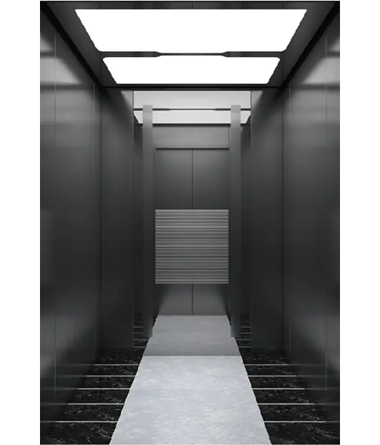 Passenger elevator featuring sleek black walls and a clean white floor.