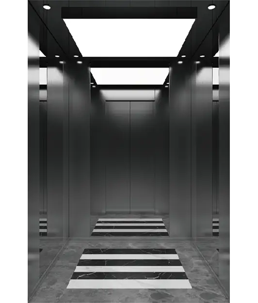Passenger elevator featuring bold black and white stripes on its exterior.
