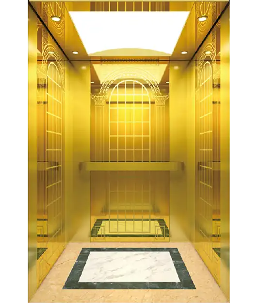 A shiny passenger elevator featuring elegant gold trim, reflecting light in a modern interior setting.