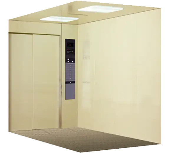 A painted steel freight elevator with a glass door and overhead light, designed for transporting goods and cargo.