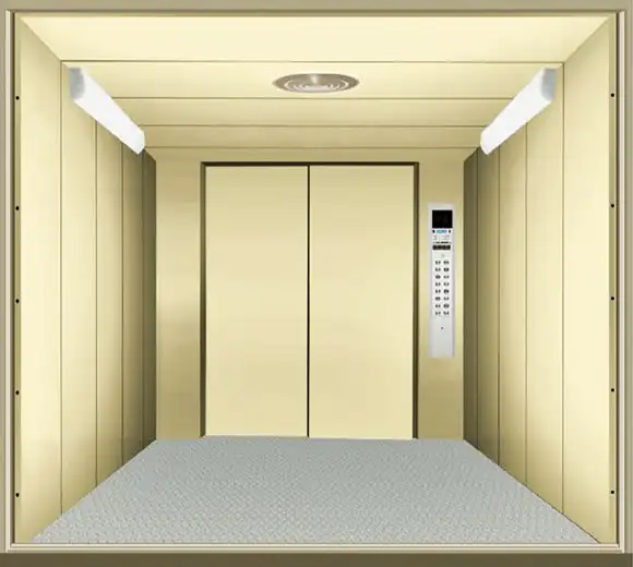 Cargo lift with two doors and a light switch, designed for transporting goods between floors.