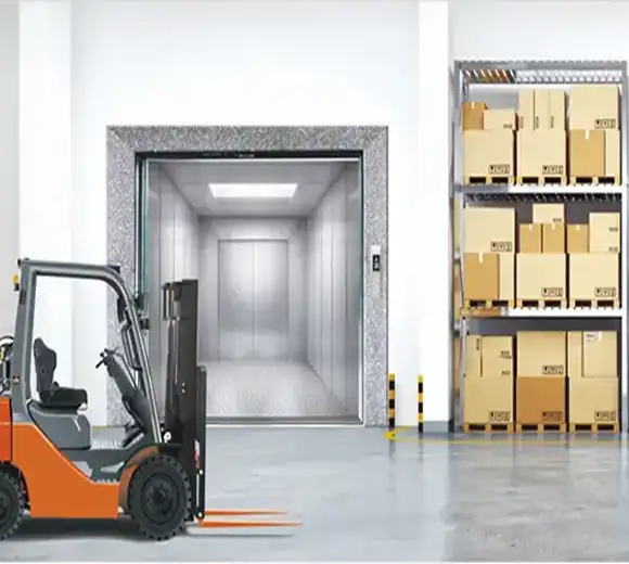 Cargo elevator showcasing a button panel and a light, used for moving items between levels.