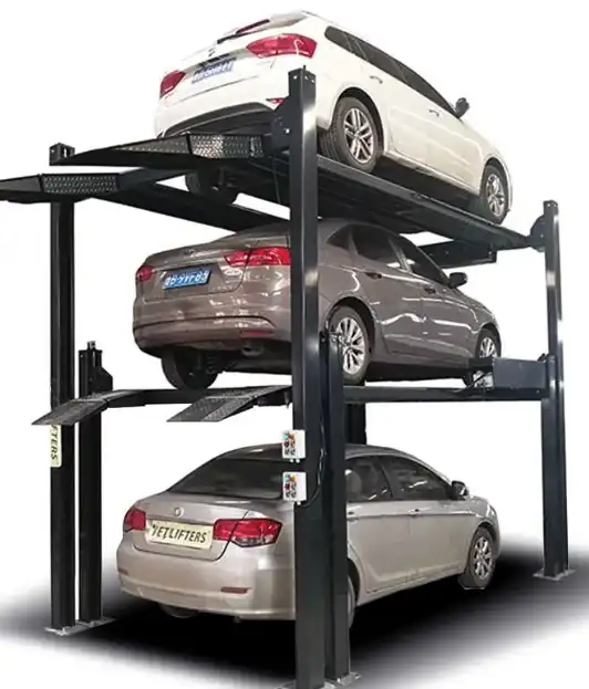 Three cars are positioned on a four-post car lift, showcasing a multi-level parking elevator system.