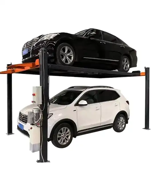 A vehicle elevated on a 4-post, 2-level car lift with a white backdrop.